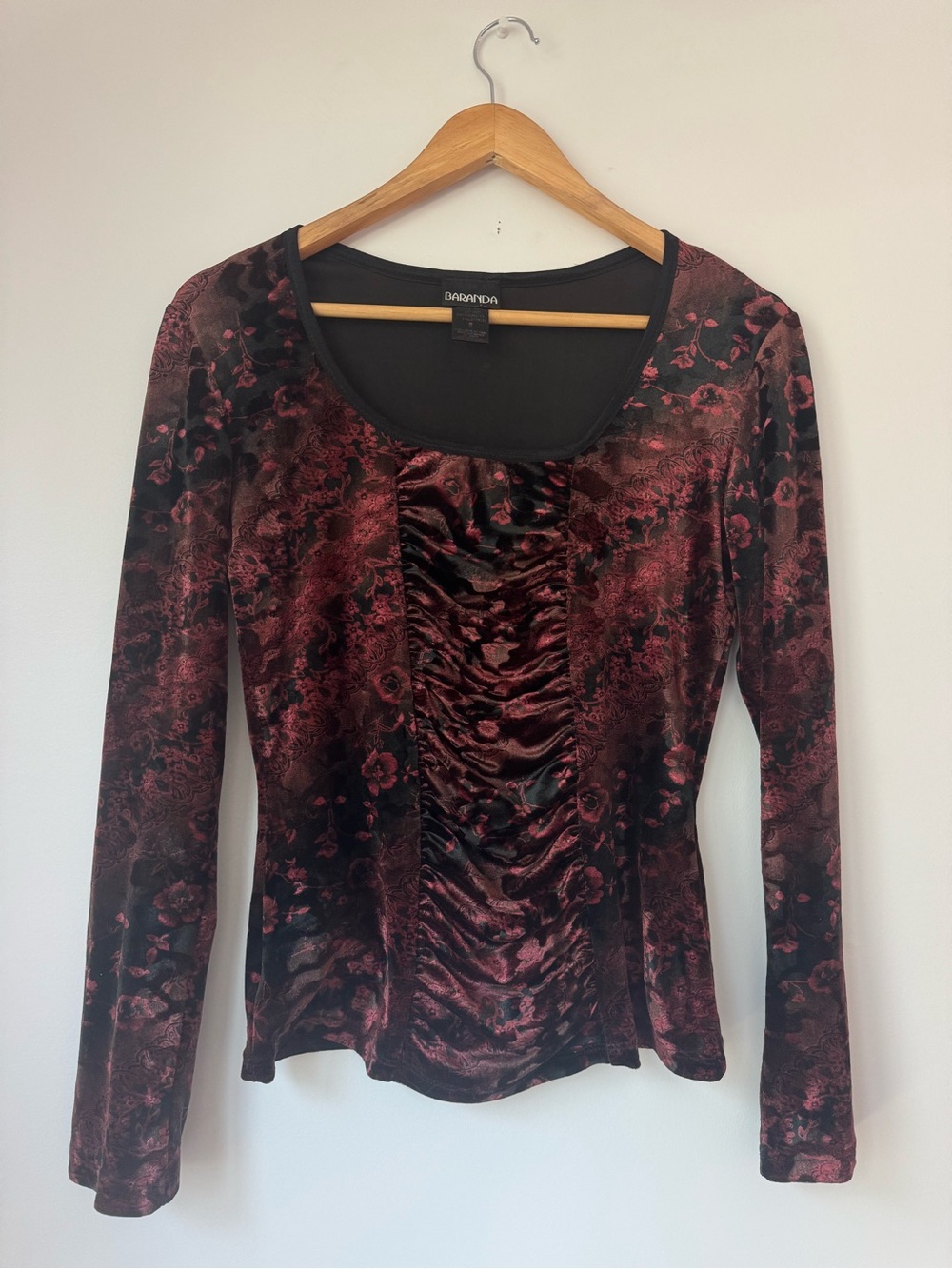 Vintage Baranda Y2K Red Black Floral Crushed Velvet Ruched Long Sleeve Top Small
